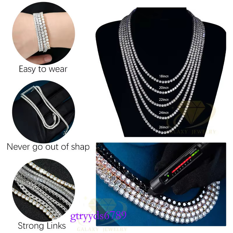 2-6mm Hiphop Sier Pink Bracelet Iced Out GRA Certified Mossanite Jewelry Necklace Rainbow Moissanite Tennis Chain