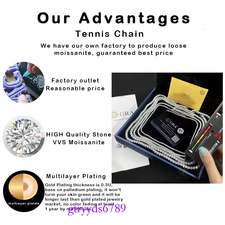 3-4mm Rainbow Blue Green Tennis Chain Women D VVS Moissanite Pass Dia Tester Hip Hop S Sier Necklace