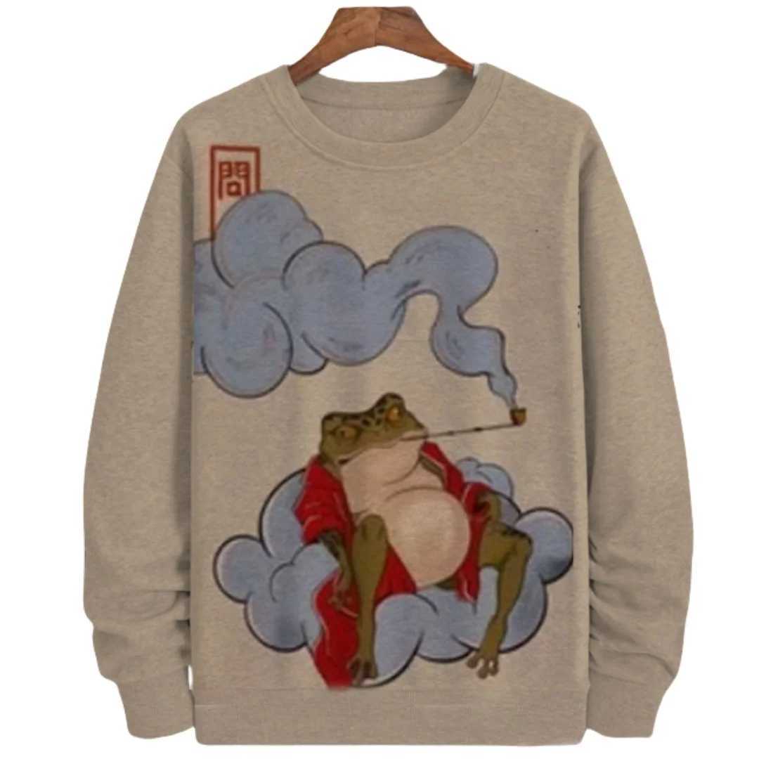 New Arrival Japanese style frog print mens sportswear streetwear round neck long Sve plow casual hooded sportswear mens clothing 5XL Z241118