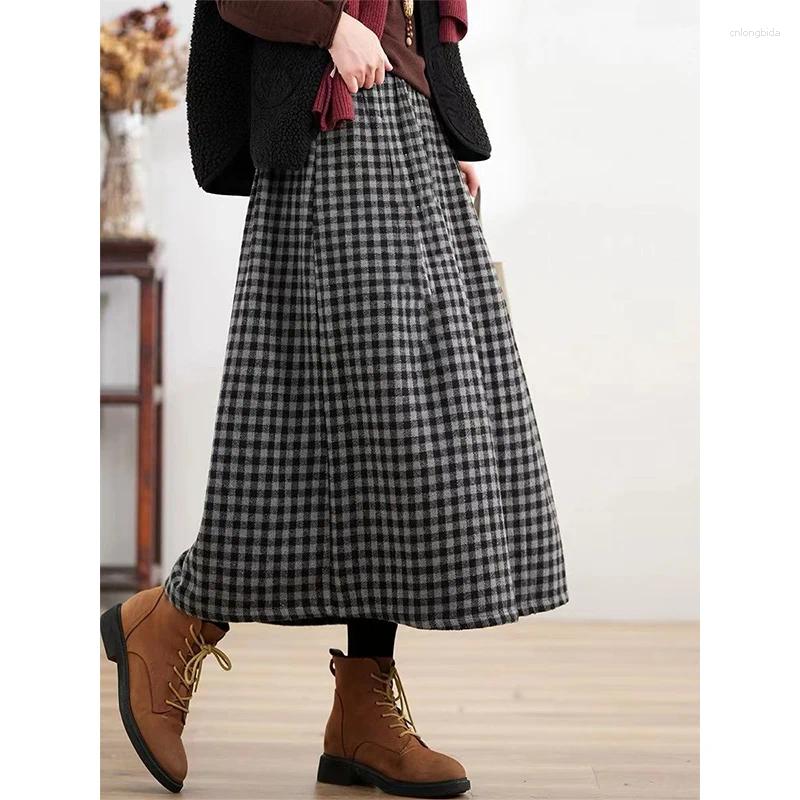 Skirts Women Autumn Winter Thick Vintage Plaid Woolen Cloth Elastic Waist Skirt Clothes Simplicity Elegant All-match A-line