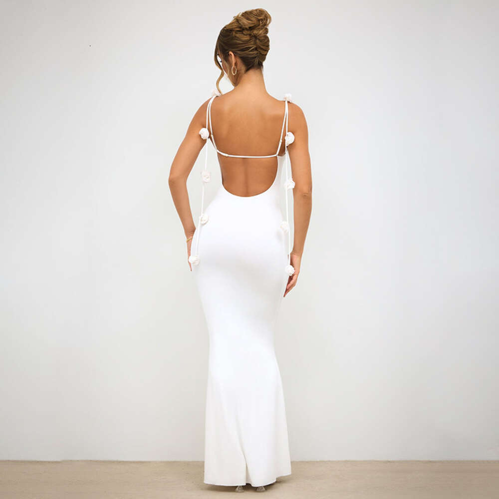 Sexy Women's Evening with Backless Shoulder Straps, Three-dimensional Flower Decoration Suspender, Long Dress F41940 ddmySept