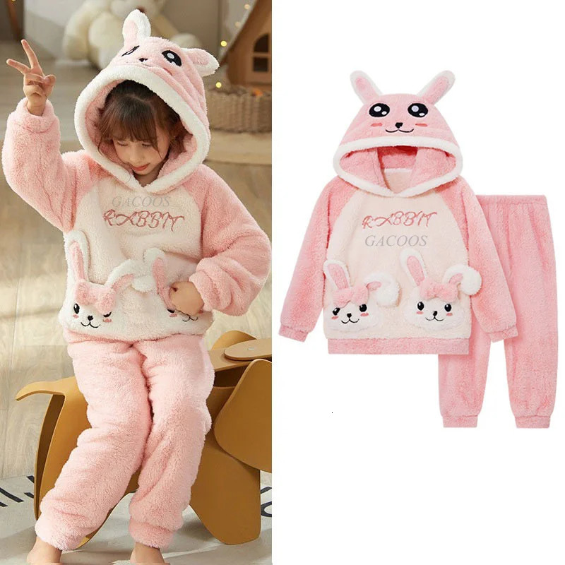 Winter Warm Youth Pajama Animal Cartoon Childrens Pajama Set Coral Velvet Plush Home Clothing Set Hooded Flannel Boys Pajama 241118