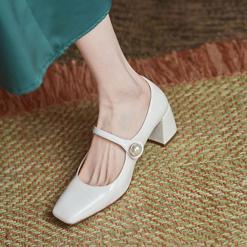 Pearl Patent Leather High Heels Mary Janes Woman Spring Elegant Square Toe Womens Pumps Red Office Ladies Shoes 241118