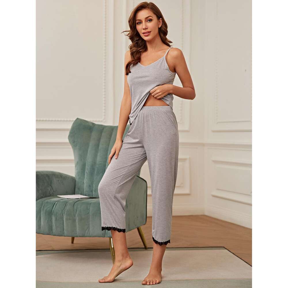 Pama Summer Lace Edge Sexy Suspender Pants Two-piece Set for Women's Home Wear F41936