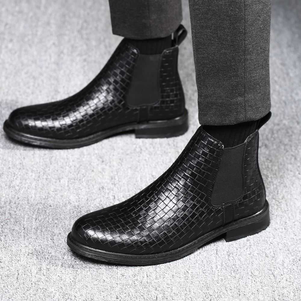 HPIOPL8806 woven pattern handmade elastic mouth cover high top leather boots Chelsea leather boots