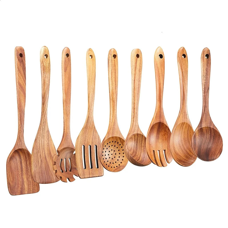 Wooden kitchen utensil set 9 wooden cooking spoons wooden cooking utensils wooden non stick pot spoons 241118