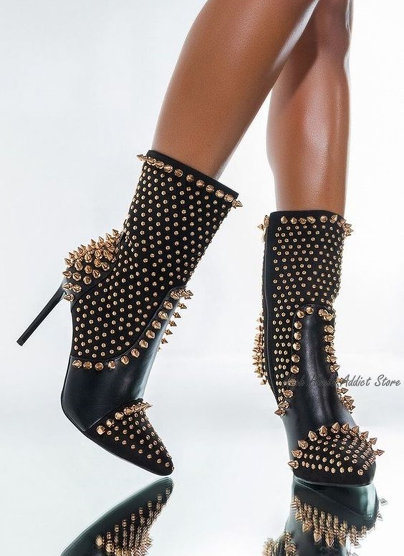 Black Studded Ankle Boots Women Sexy Full Stud High Heels Leather Booties Designer Party Stage Dress Shoes Free Shipping