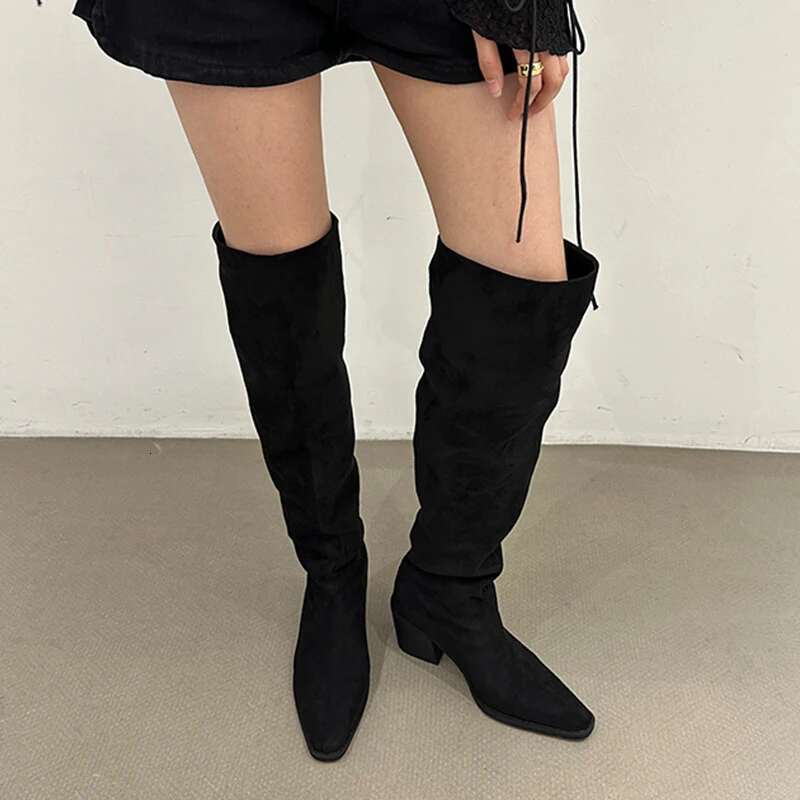 Designer Vintage Women Knee High Boots Fashion Slip On Long Booties Autumn Winter Thick Heels Ladies Shoes