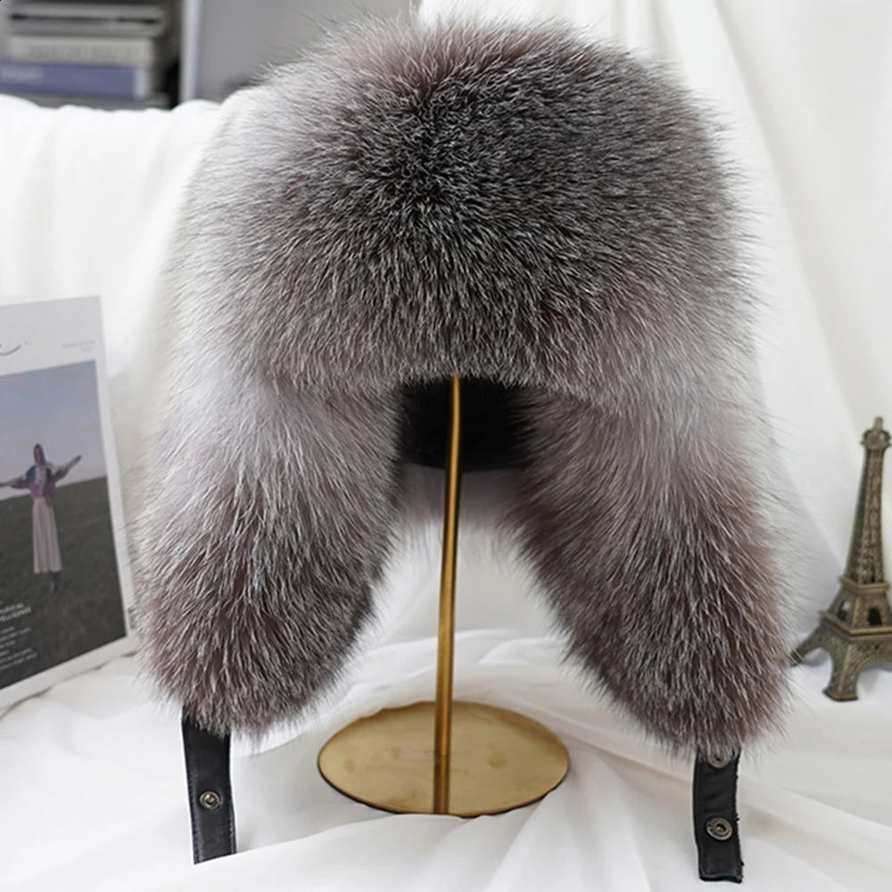 Winter Womens 100% Real Silver Fox Fur Bomber Hat Raccoon Ushanka Cap Trapper Russian Women Ski Hats Caps Leather 241119