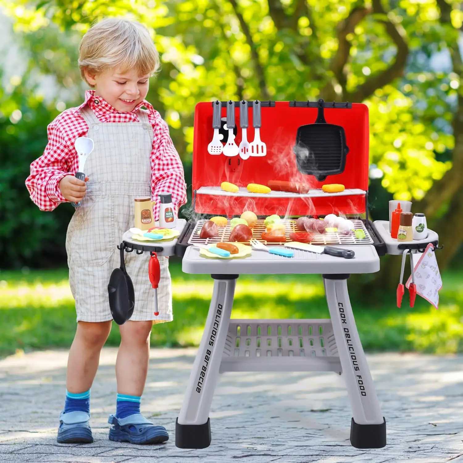 Cute Stone Childrens BBQ Grill ToyKitchen PlaysetRealistic Smoke BBQ Grill Playset with Toy Kitchen Accessories W241119