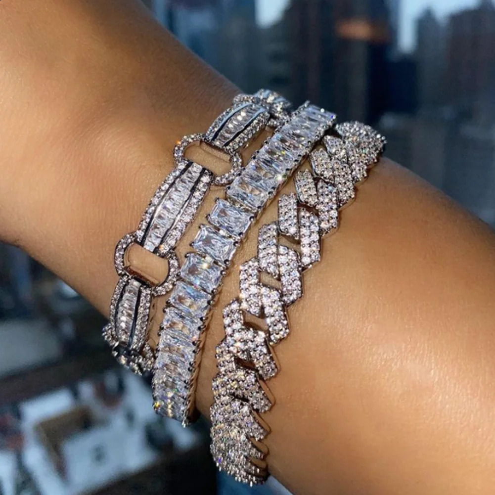 Fashion Bling Paved Rhinestone Prong Cuban Chain Bracelet for Women Men Hip Hop Iced Out Chunky Link Bracelets Jewelry 241119