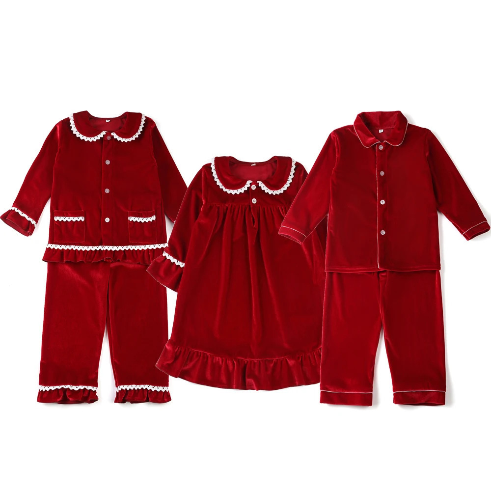 Mudbala Childrens Classic Family Matching Set Red Velvet Baby Pajama Set Button Up Preschool Girls Christmas Pajamas 241118