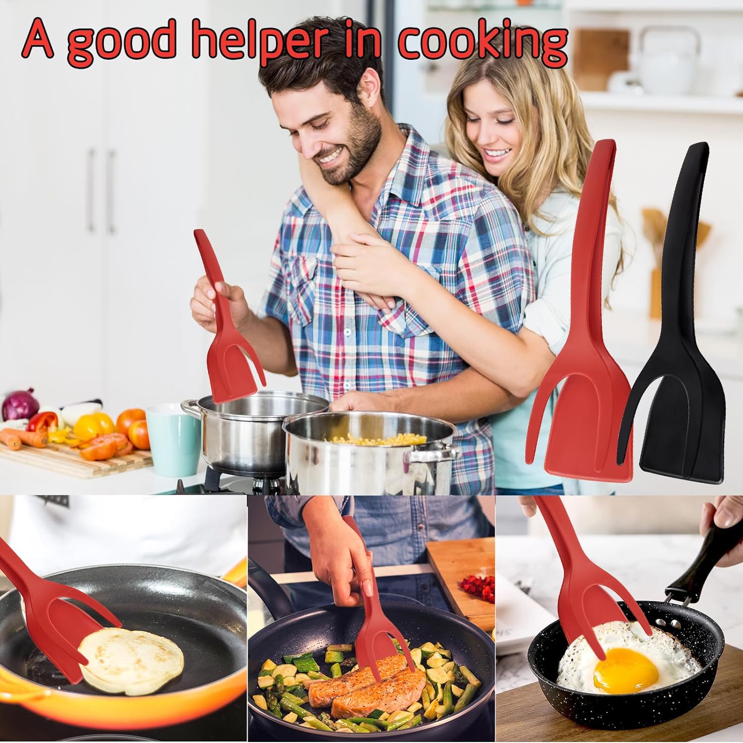 2-in-1 handle and flip scraper tongs, multi-functional non-stick kitchen scraper tongs Barbecue tongs for kitchen cooking baking (black and red)