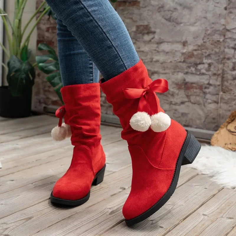 2024 Winter Womens Fluffy Bowknot Ball Decor Boots Slip on Casual Chunky Heel Suede Boots Christmas Mid Calf Boots 241118