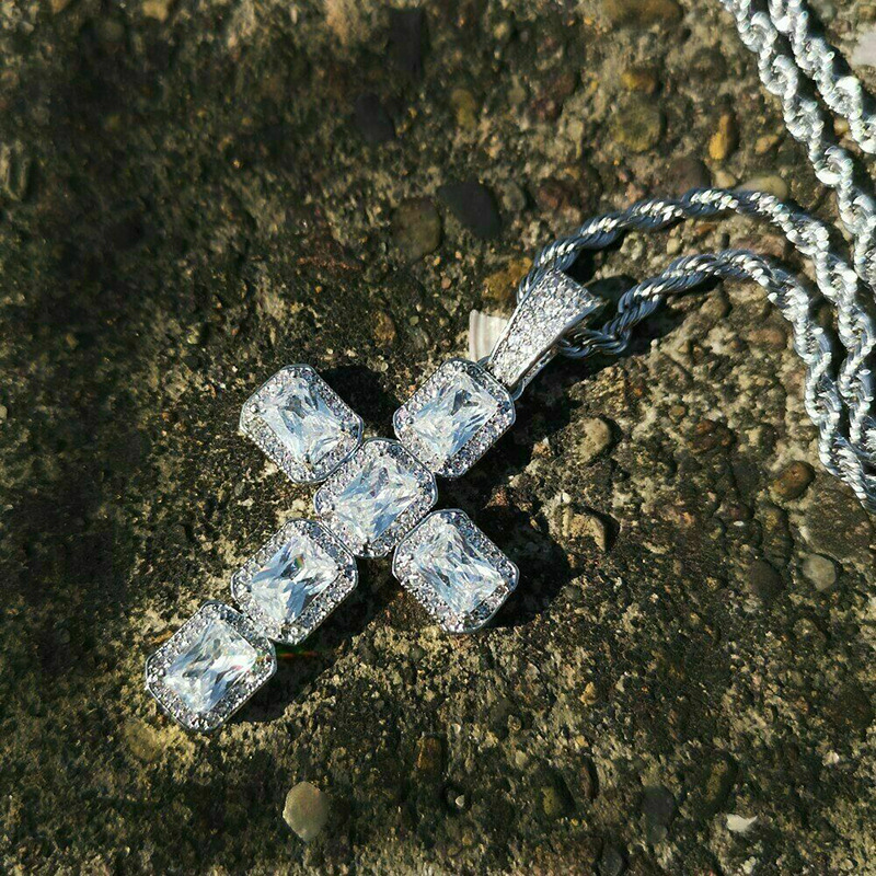 Hip Hop Cross Pendant: 10KT White Gold Fill Princess Cut Cubic Zirconia Vintage Jewelry Necklace for Men and Women