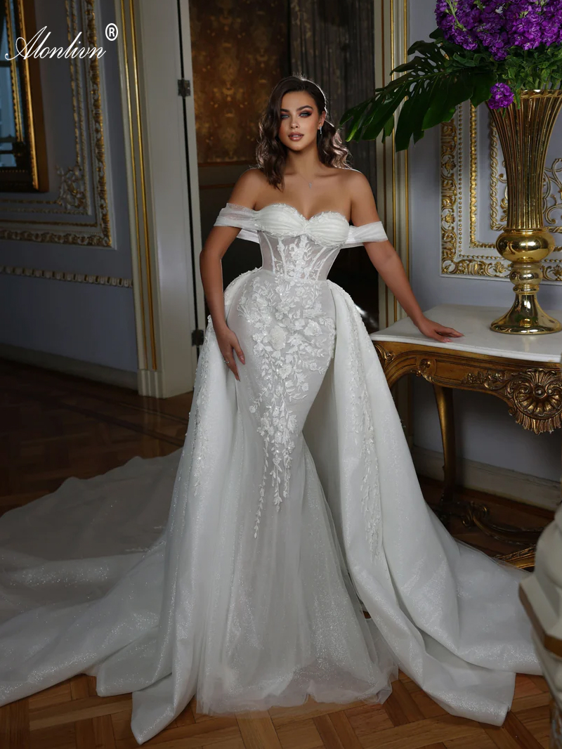 Elegance Beading Pearls wer Appliques Lace Sweetheart 2 In 1 Mermaid Wedding Dress With Removable train Off Shoulder Sleeves Trumpet Bridal Gowns