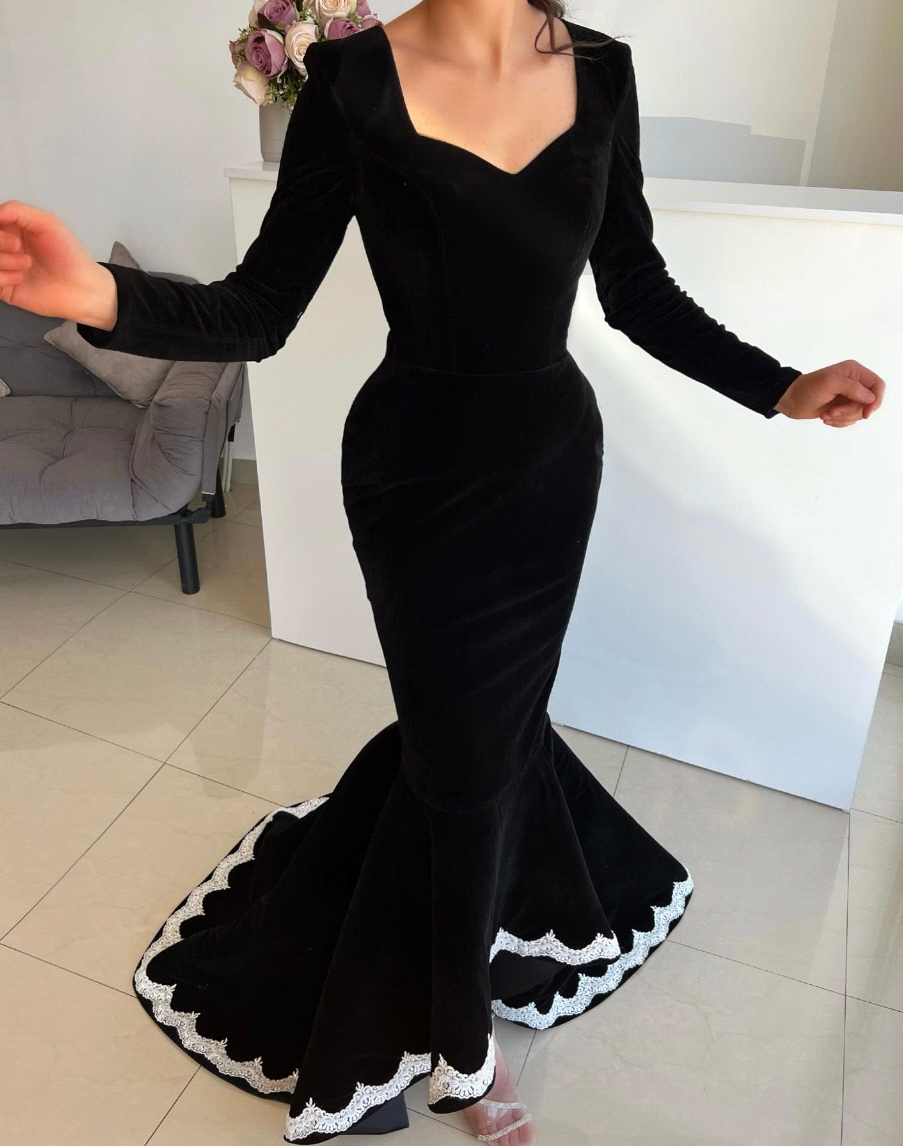 Black Elegant Plus Size Mermaid Evening Dresses For Women V Neck Veet Lace Applique Birthday Prom Celebrity Pageant Gowns Bc eet