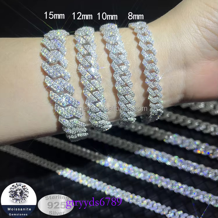 Lowest Price 8mm-15mm Wide 2rows Dia S Sier Gold Plated Iced Out Moissanite Bracelet for Hip hop Mens