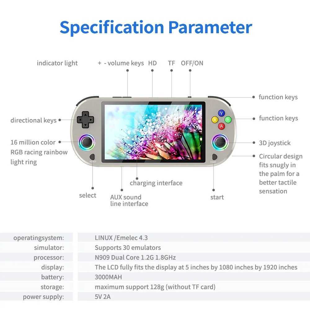 M22 Pro Handheld Game Csole 5.0 HD 1920*1080 IPS Display Support LINUX/ Emelec 4.3 for PSP Portable Pocket Video Player Z250325