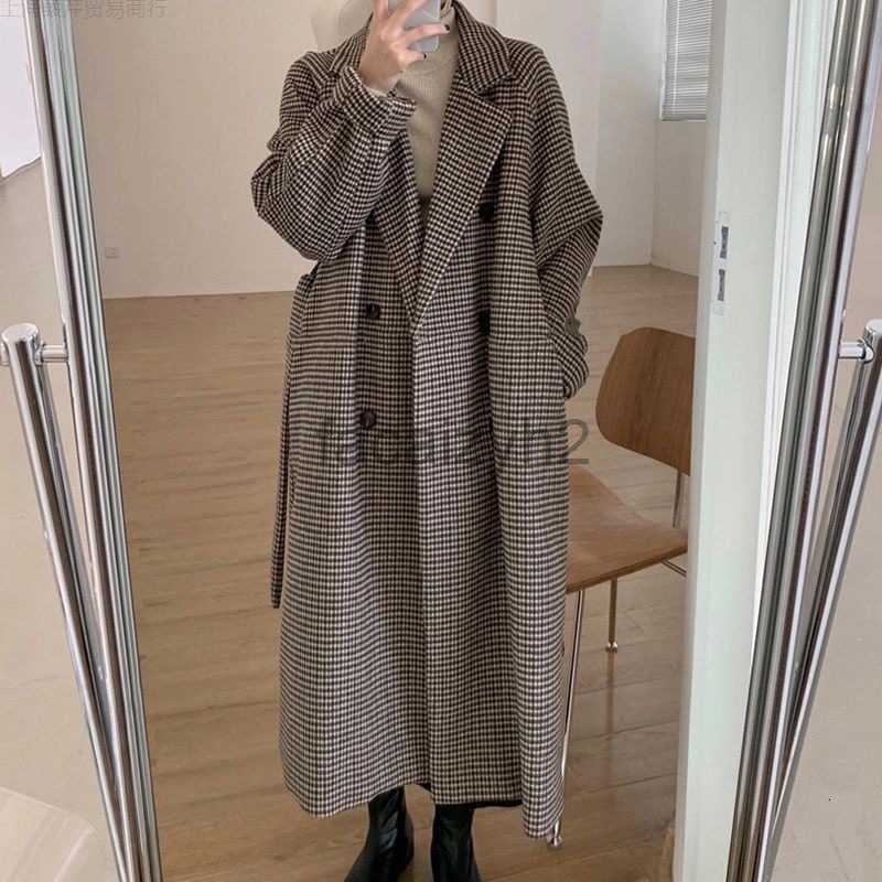Women's Trench Coats designer Woolen coat for women in autumn and winter new loose medium length, thousand bird plaid pattern woolen coat for women