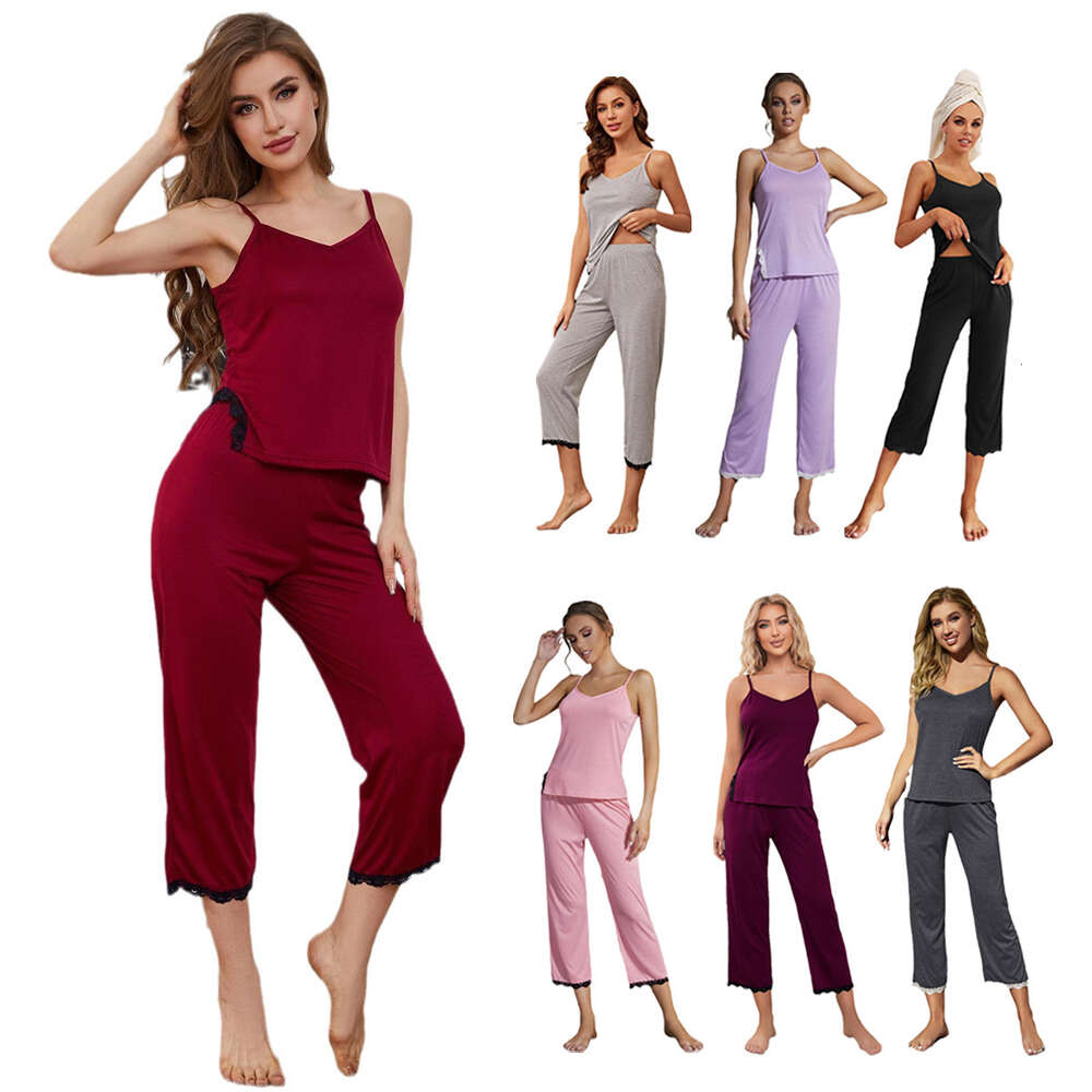 Pama Summer Lace Edge Sexy Suspender Pants Two-piece Set for Women's Home Wear F41936
