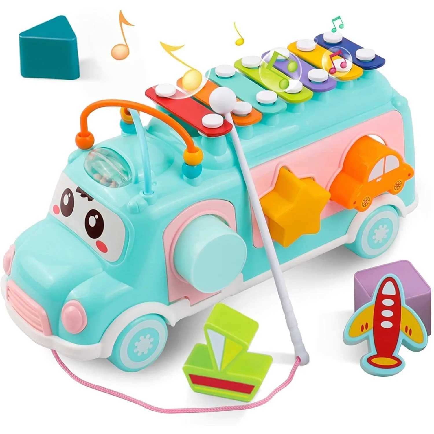 Intellectual Xylophone Toys with Shape Sorter for Baby Girl Boy Push Pull School Bus Openable Doors Educational Music ToysXJ241118