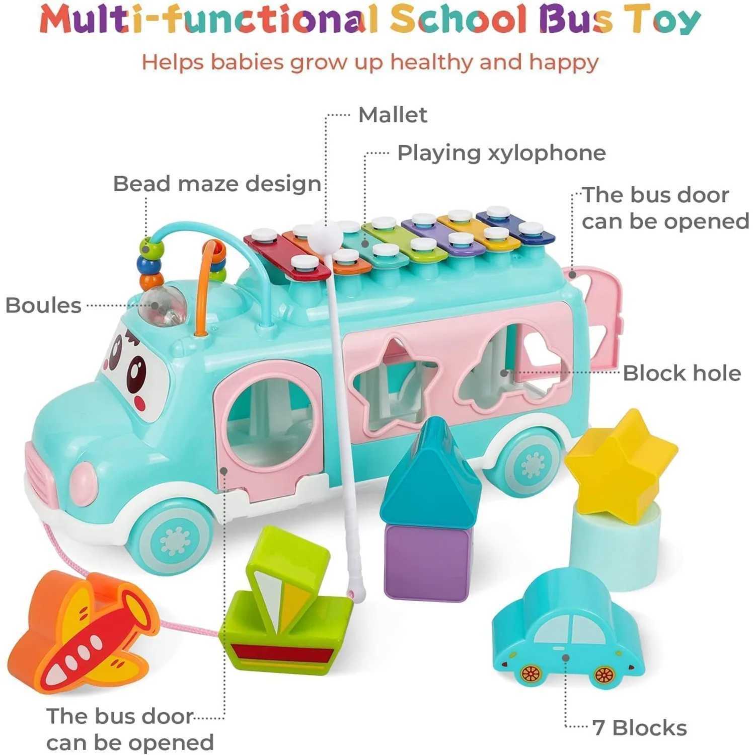 Intellectual Xylophone Toys with Shape Sorter for Baby Girl Boy Push Pull School Bus Openable Doors Educational Music ToysXJ241118