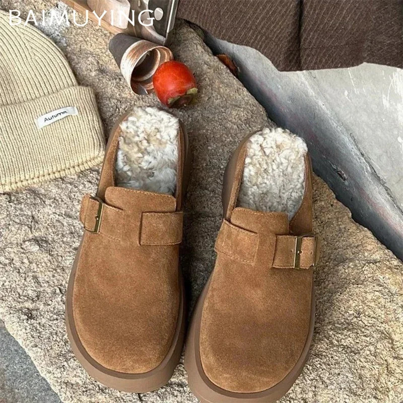 Suede Platform Women Slippers Short Plush er Flats Cotton Mules Shoes Trend Warm Snow Botas Cozy Winter Zapatos Mujer 241118