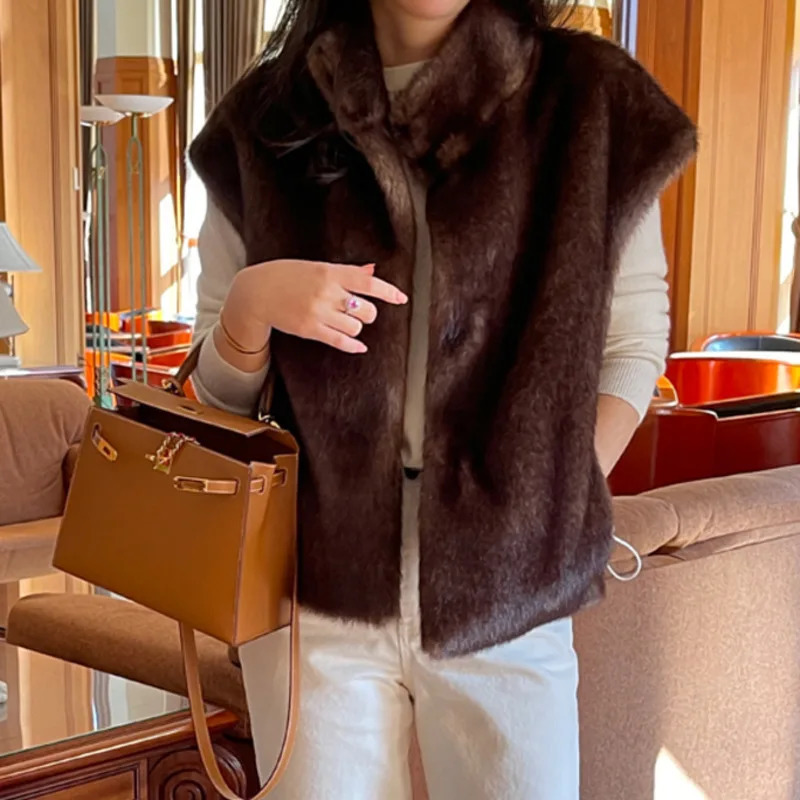 EWQ Korean Fashion Women Sleeveless Mink Fur Vest All-match Keep Warm Women Winter Waistcoats 2024 Autumn 16O2868 241118