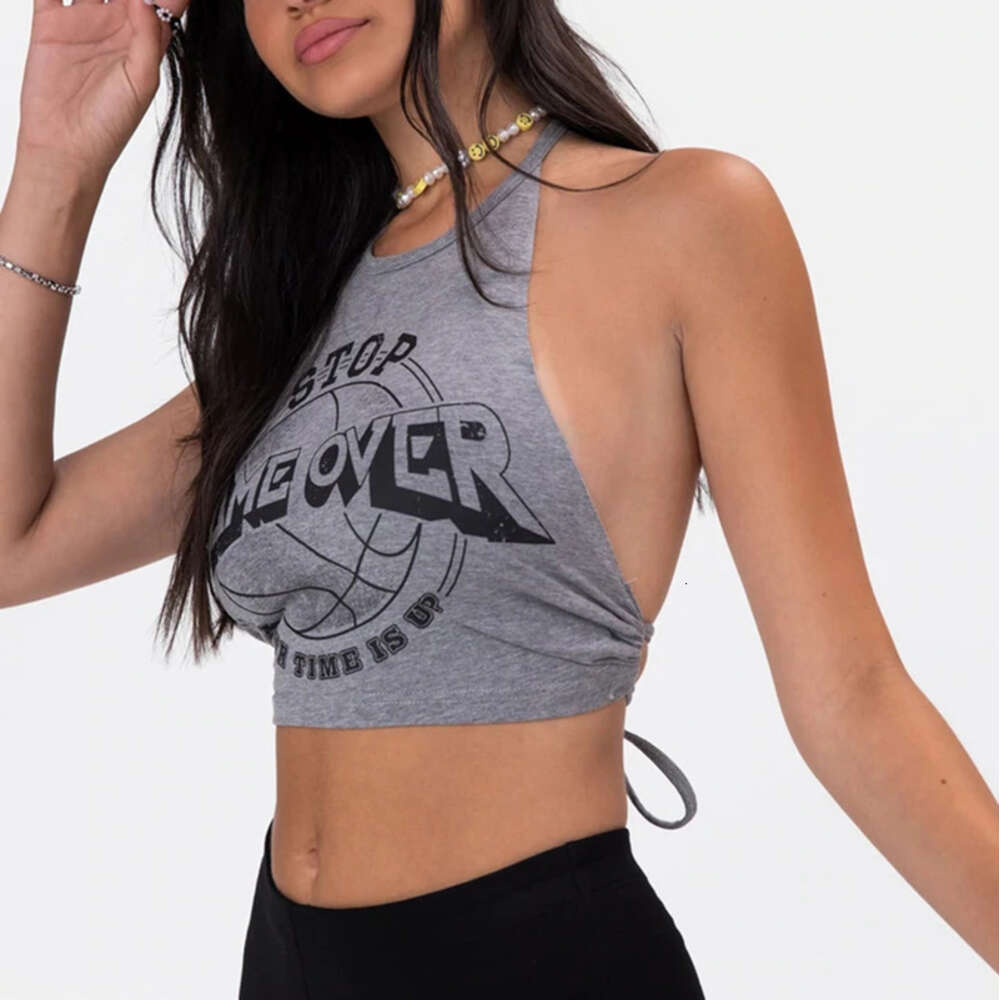 2024 Summer New Instagram Trendy Women's Wear Hanging Neck Tie with Open Back Navel Print Slim Fit and Sexy Small Tank TopF41912