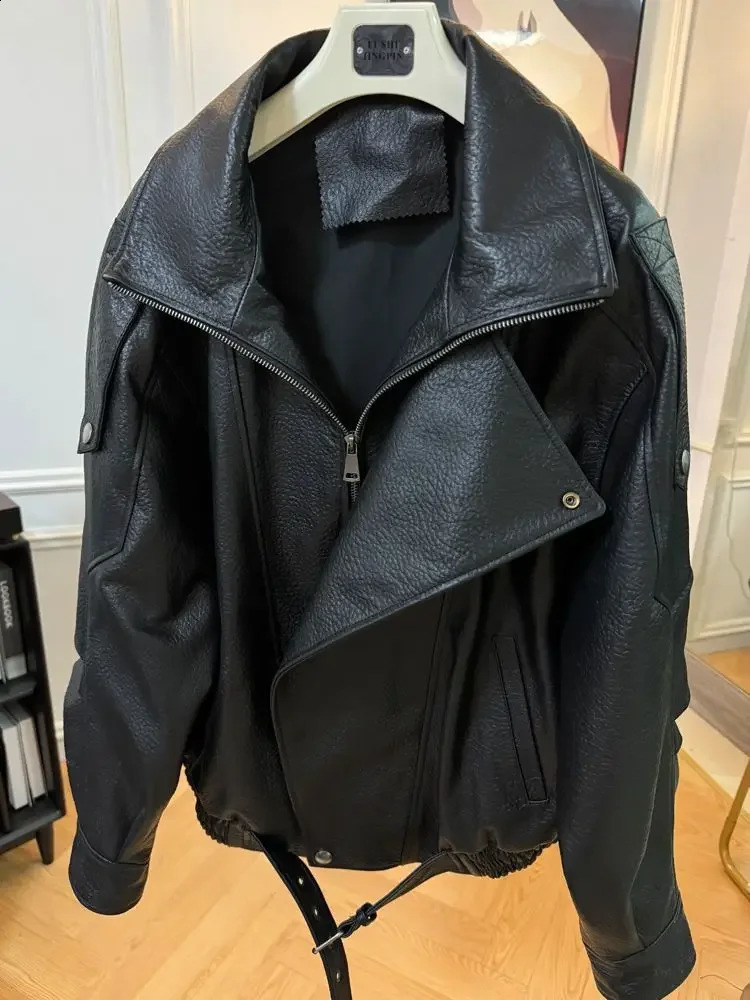 Korean fashion black leather jacket womens clothing autumn/winter loose casual jacket PU leather motorcycle jacket womens top 241118