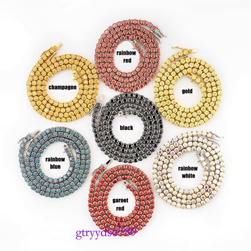 3-4mm Rainbow Blue Green Tennis Chain Women D VVS Moissanite Pass Dia Tester Hip Hop S Sier Necklace
