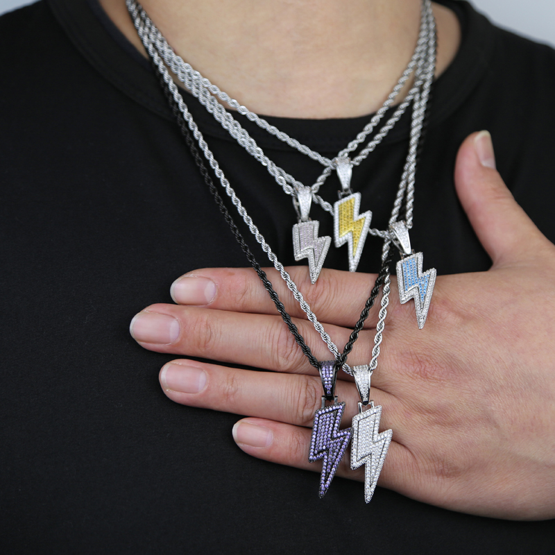 Iced-Out Lighing Pendant Necklace: Two-Tone CZ Charm for Men & Women fa71