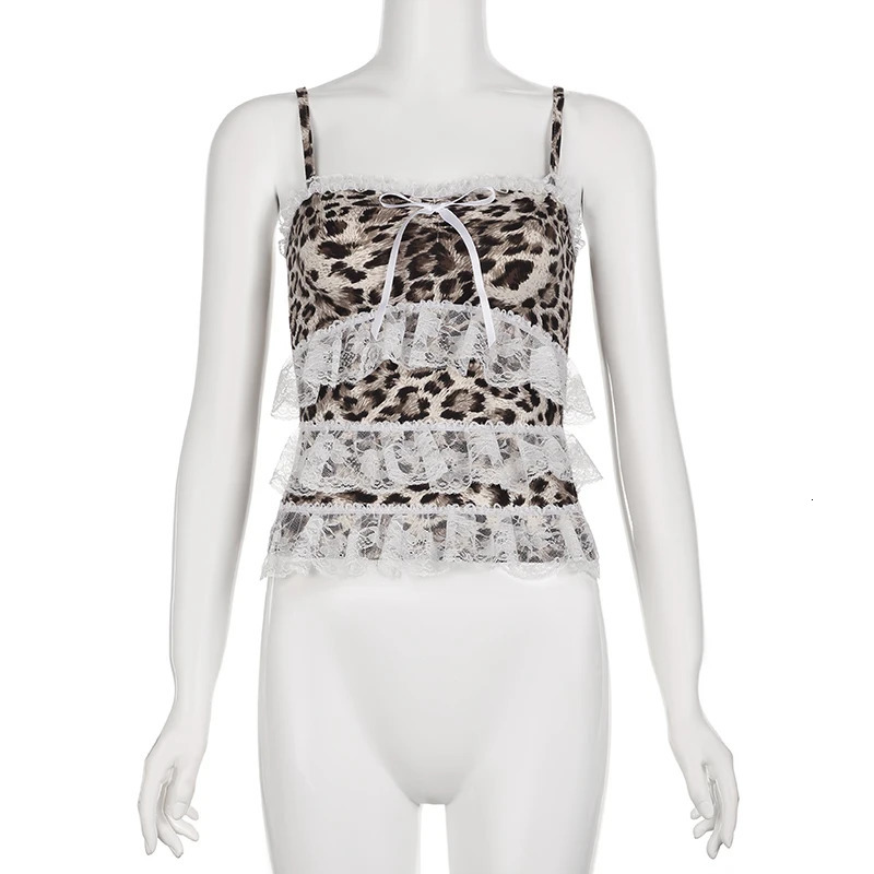 IAMTY Y2K Leopard Print Lace Ruffle Patchwork Camis Brown Coquette Aesthetic Slim-fit Bow Tank Tops Cute Fairycore Vest Cute 240408