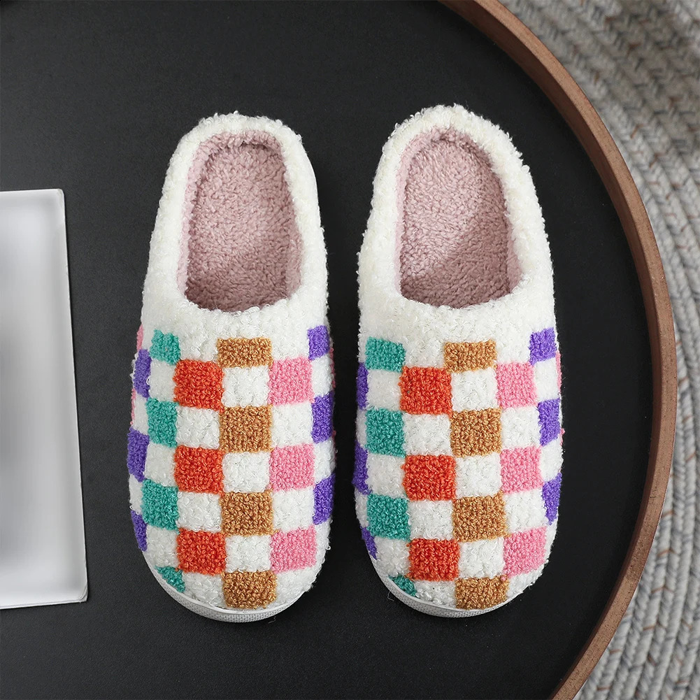 Checkered Plush Closed Toe Slippers Anti Slip Plush Slip-on House Shoes Colorful Flat Thermal Slippers Comfortable for Men Women 241118