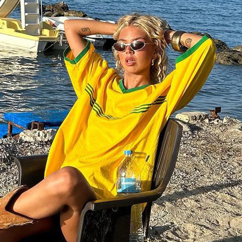 Summer Women Brazil Embroidery Yellow Tshirt Casual Loose Medium And Long Sleeves Y2k Clothing Tops Oversized T-shirt Beach Tees 240409
