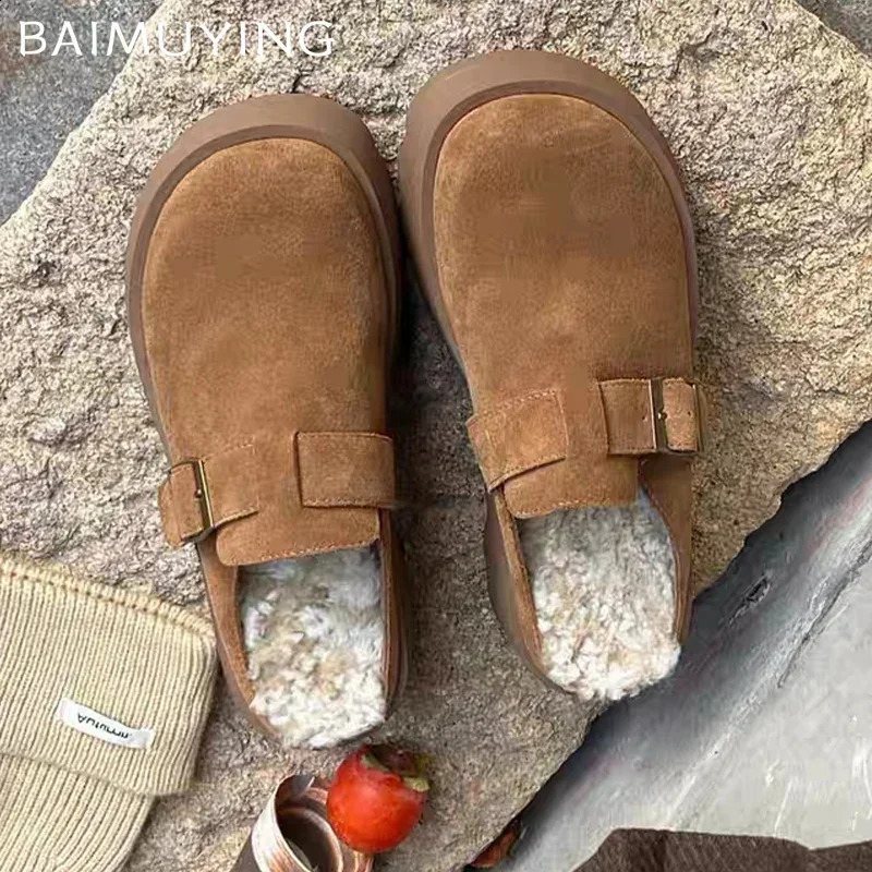 Suede Platform Women Slippers Short Plush er Flats Cotton Mules Shoes Trend Warm Snow Botas Cozy Winter Zapatos Mujer 241118