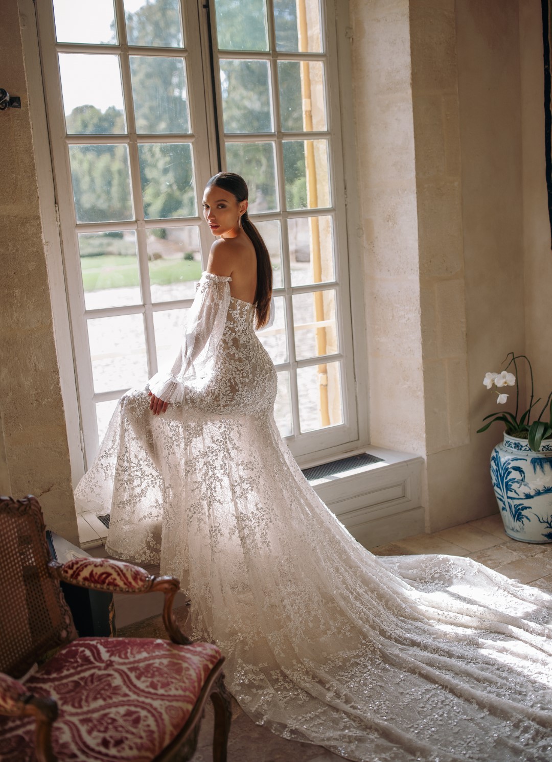 2024 Beading Embroidery Lace Off Shoulder Full Puff Sleeves Mermaid Wedding Dress With Full Flowers Prints Trumpet Bridal Gowns