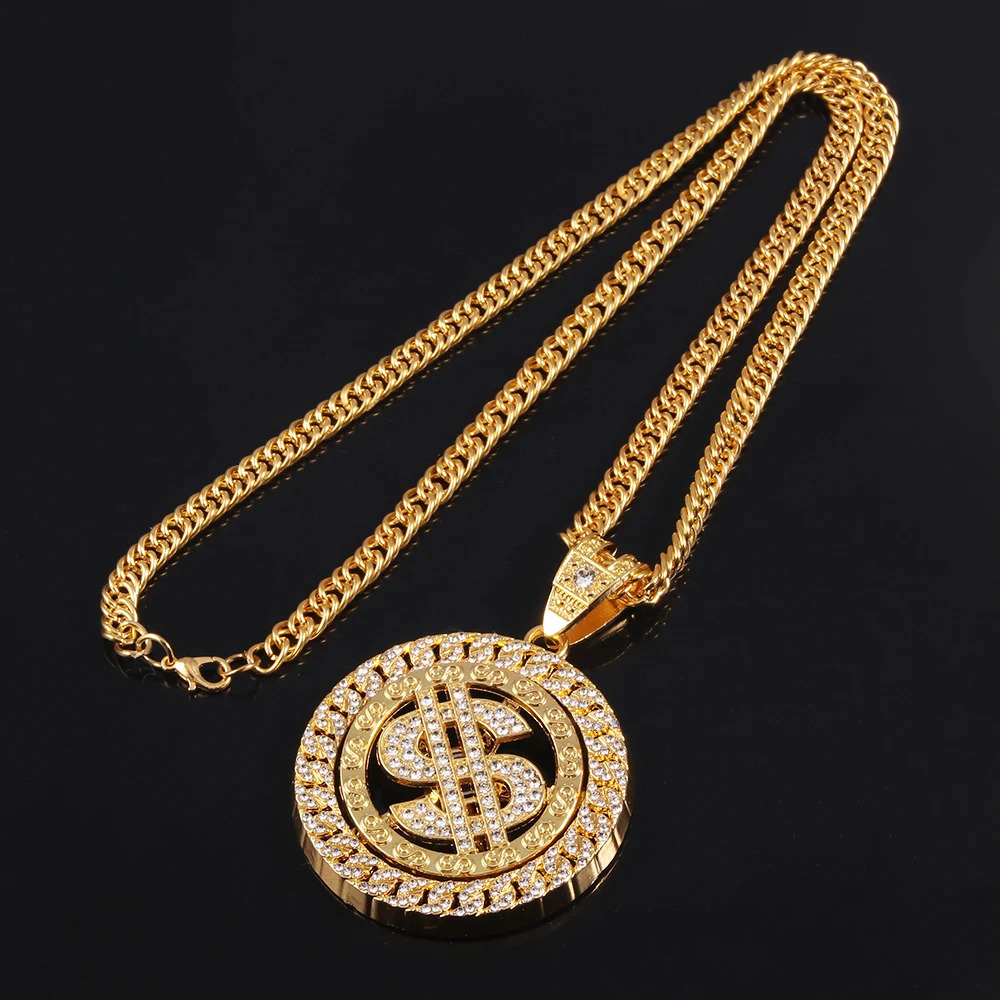 Hip Hop Rotatable US Dollar Pendant Necklace Men Gold Sliver Color Ice Out Crystal Sign Rock Pendant Bling Rapper Bling Jewerly 240323