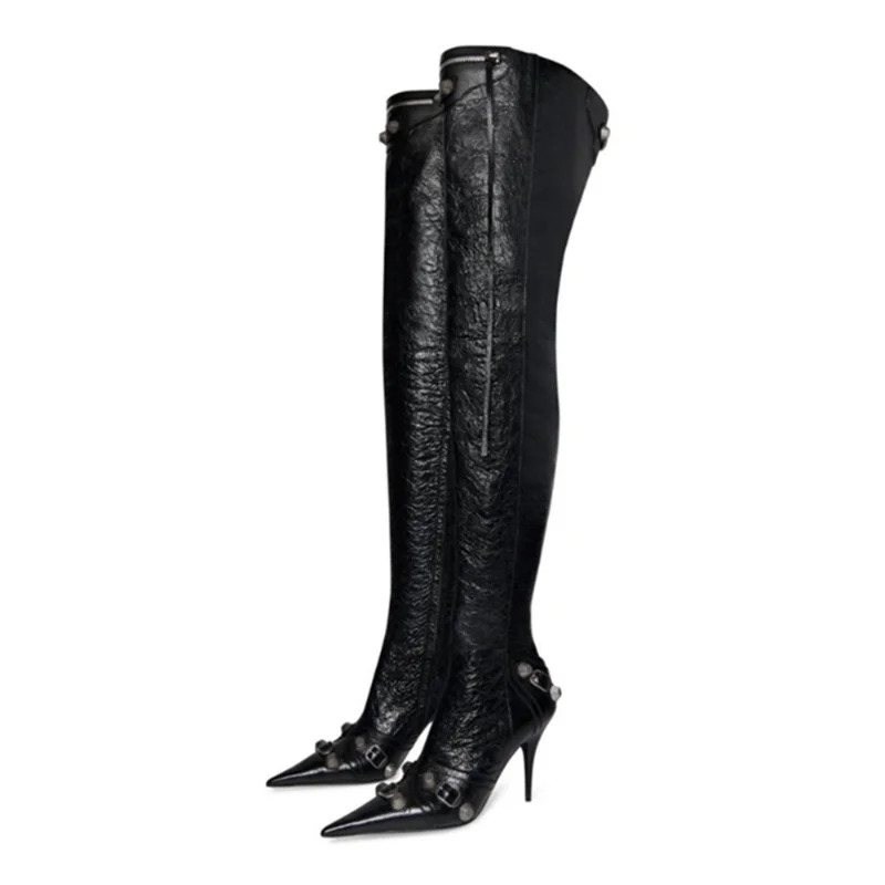2023 Women's New Pointed Rivet European And American Sexy Spicy Girls High Heel Motorcycle Over Knee Zipper Boots