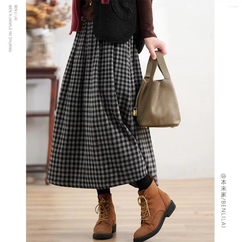 Skirts Women Autumn Winter Thick Vintage Plaid Woolen Cloth Elastic Waist Skirt Clothes Simplicity Elegant All-match A-line