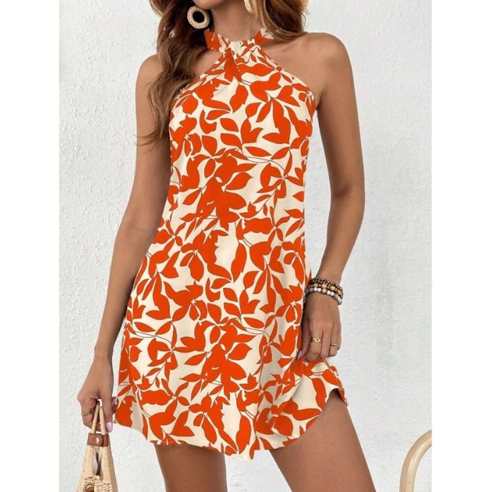Women's 2024 Spring/summer Sleeveless Sexy Backless Short Skirt with Ruffle Edge Printed Hanging Neck Dress F41930