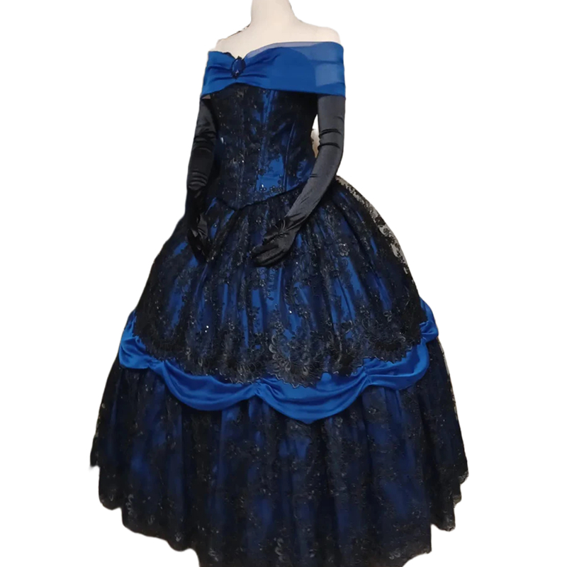 Vintage Princess Prom Dresses Black And Royal Blue Gothic Evening Gown For Women Off The Shoulder Lace Floor Length Special Occasion Dress 2024