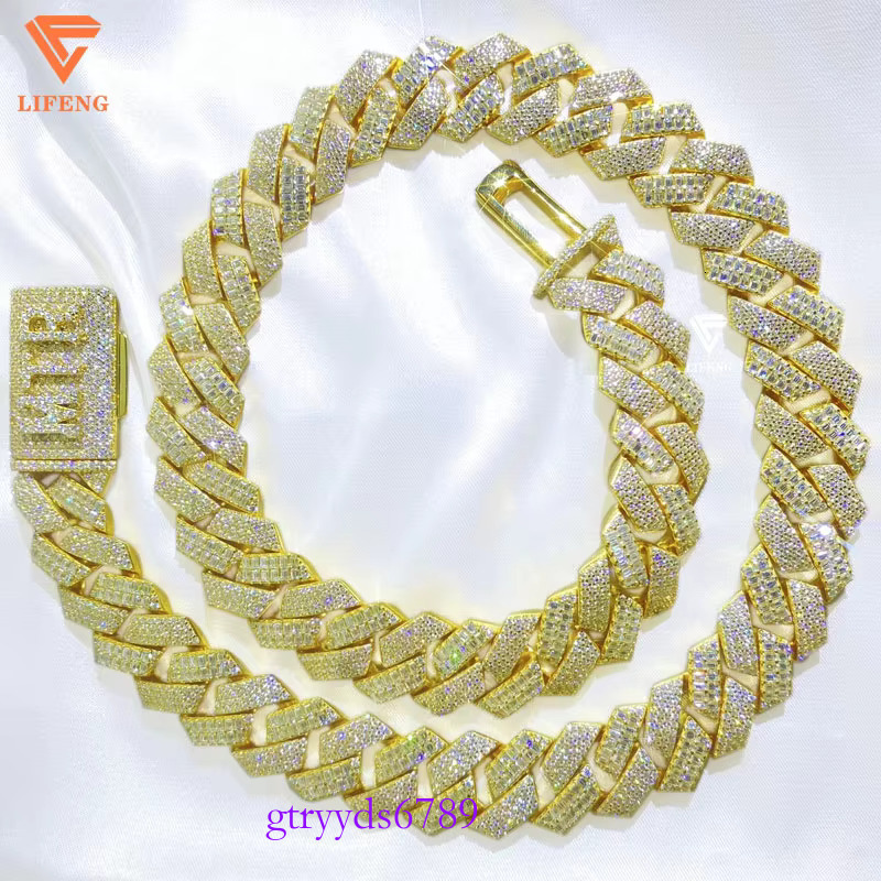 Custom Sterg Sier Iced Moissanite Cuban k Chain New Style 16mm Baguette Cut VVS Dia HipHop Necklace Yellow Gold