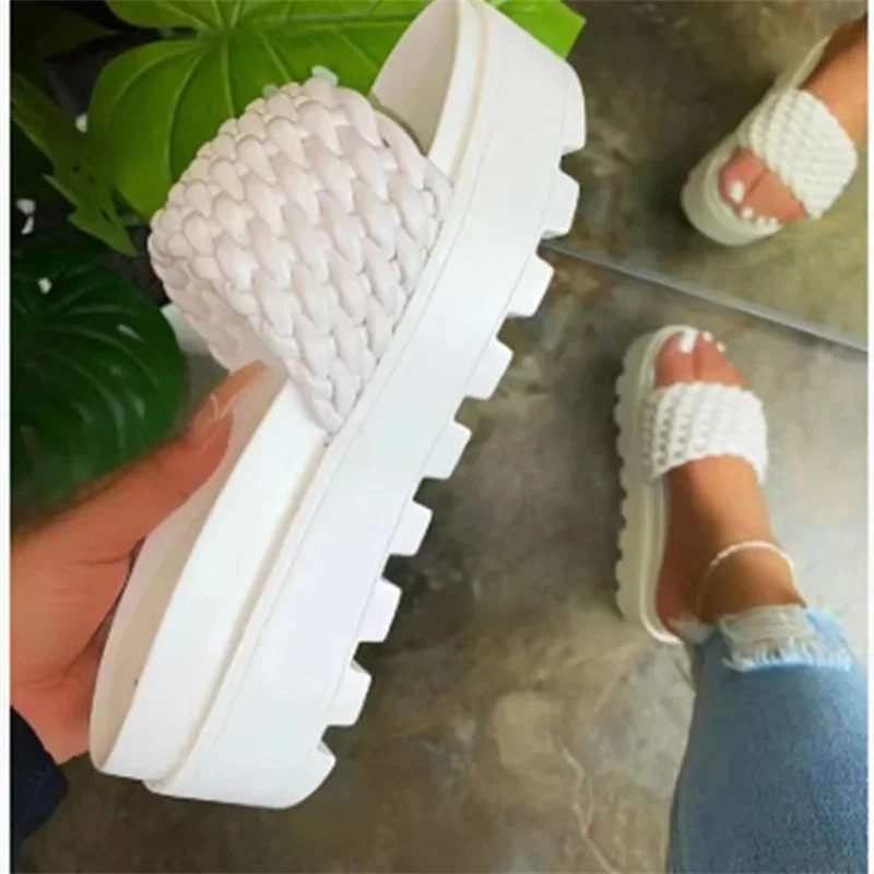 Spring/summer Womens High-heeled PU Sponge Cake Sole Rubber Super Thick-soled Slippers Woven Pattern Female Sandals 240410