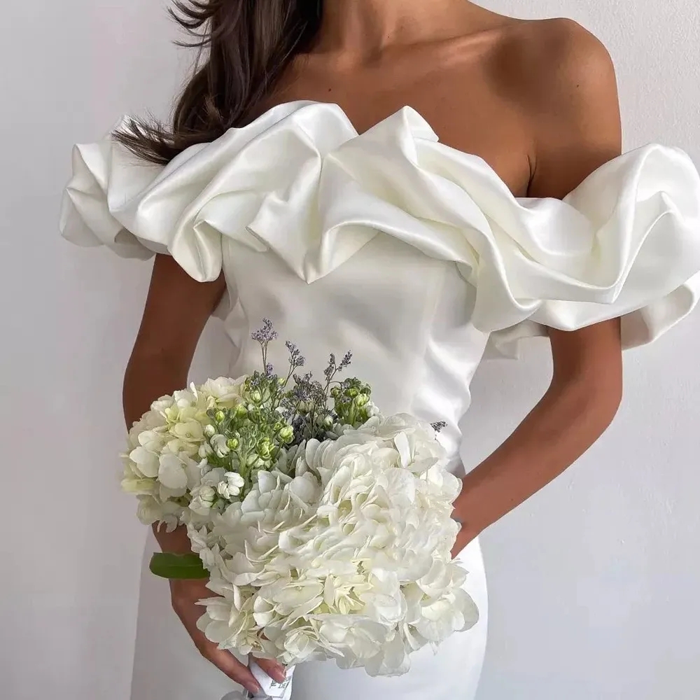 Ivory Simple Satin Sheath Wedding Dresses For Women Sexy Off The Shoulder Ruched Boho Garden Short Bridal Gowns Elegant Reception Dress Bride Robes de