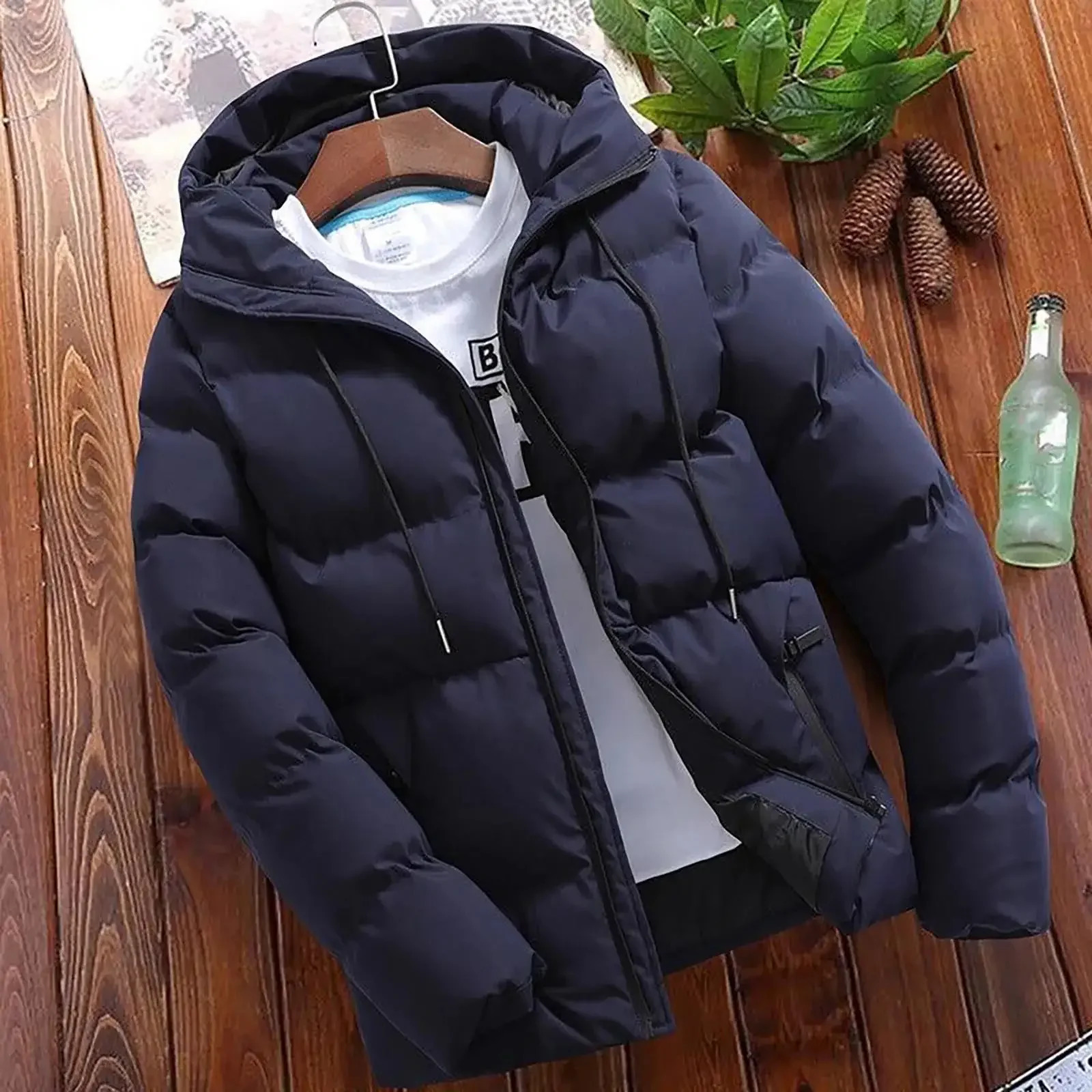 Mens thick inflatable hooded jacket casual and warm park business jacket winter fashion trend edition 241118