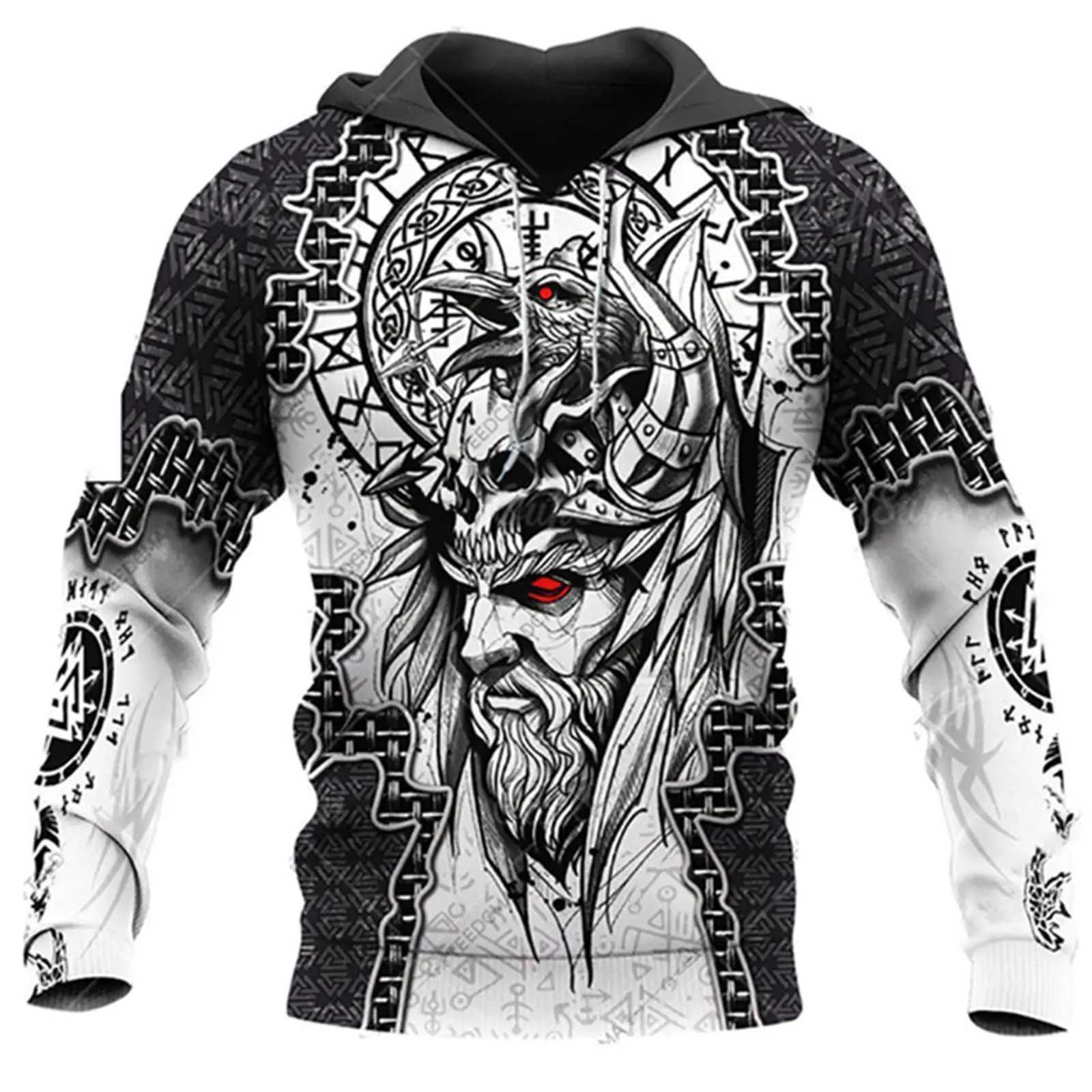 New Arrival Mens Viking Hoodie Retro Casual Viking Warrior Odin 3D Printed Long Sved Sweatshirt Plover Hoodie Top Z241118
