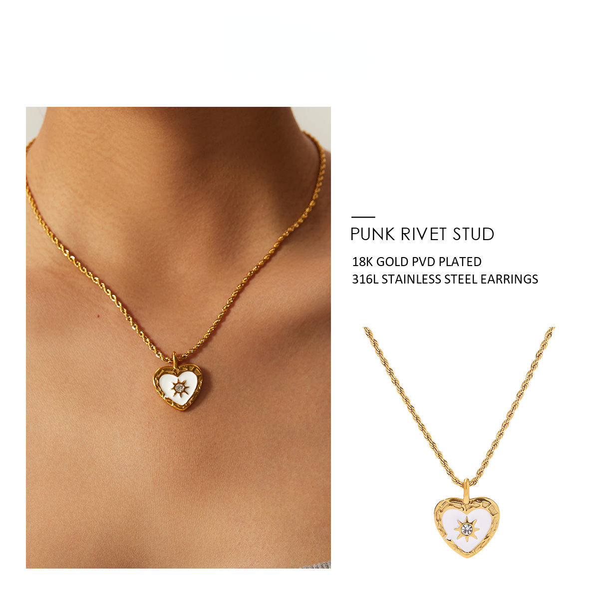 Designer Summer Vintage Fried Dough Twists Chain Heart Shaped Zircon Pendant Necklace for Women Stainless Steel 18k Gold Plated Fashion Party Wedding 
