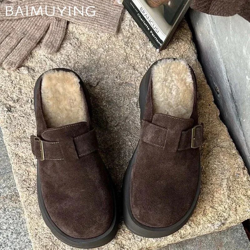 Suede Platform Women Slippers Short Plush er Flats Cotton Mules Shoes Trend Warm Snow Botas Cozy Winter Zapatos Mujer 241118